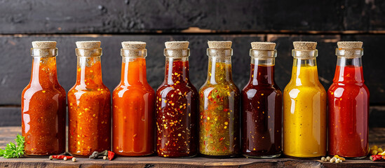 Variety of spicy sauces in glass bottles