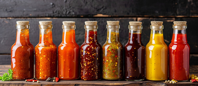 Variety of spicy sauces in glass bottles