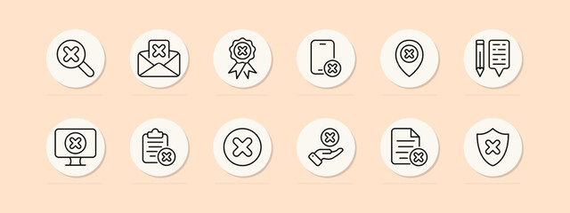 Cross line icon set. Gadget, magnifying glass, mail, letter, GPS, monitor, cancel, ban. Pastel color background. Vector line icon for business and advertising