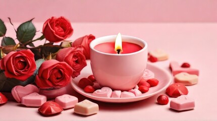 Obraz na płótnie Canvas Valentine's Day concept. Top view photo of red roses heart shaped candles and saucer with chocolate candies on isolated pastel pink background with copyspace