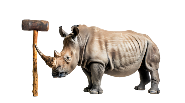 Rhino Standing Next to Wooden Stick