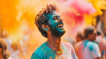 people playing holi with colorful powders,holi background. - obrazy, fototapety, plakaty