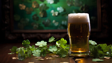 A glass of beer with clovers. St. Patrick's Day celebration. - obrazy, fototapety, plakaty