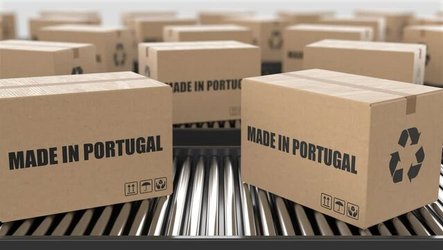 Cardboard boxes with Made in Portugal text on roller conveyor. Factory production line warehouse. Manufacture export or delivery concept. 3D render animation. Seamless loop