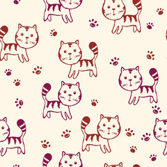 Obraz na płótnie Canvas Seamless pattern with cute kitten print. Different scandy cats on color background. Scandinavian style illustration for kids. Vector illustration for fabric, textile, wallpaper, home clothing, pajama