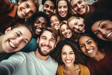 Multiracial friends taking big group selfie shot smiling at camera