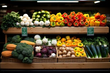 Assorted organic fresh produce displayed in a local supermarket for healthy eating and shopping