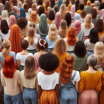 Back view of many diverse women of different ages, nationalities and religions come together. Women's empowerment.