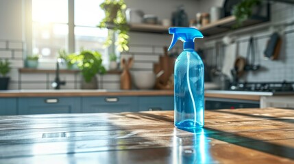 Turquoise spray bottle on a sunlit wooden kitchen counter - obrazy, fototapety, plakaty