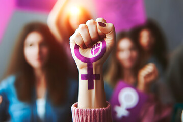 Demonstration on the day of the working woman, in black and purple tones. Purple women's fist raised high for international women's day - obrazy, fototapety, plakaty