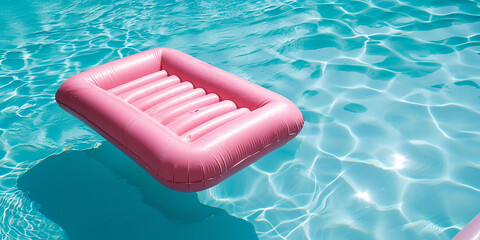 pink air mattress in a blue pool