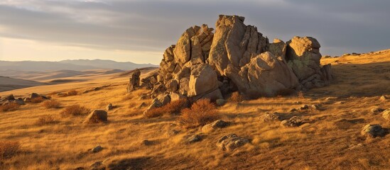 Fototapeta na wymiar Dramatic golden light and shadow on the rock in autumn steppe.