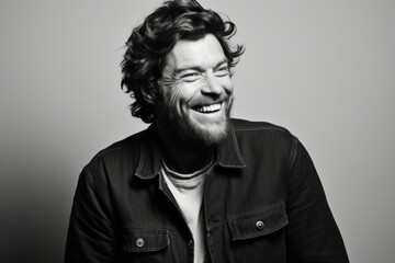 Portrait of a handsome man laughing over grey background. Black and white