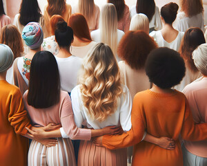 Back view of many diverse women of different ages, nationalities and religions come together. Women's empowerment. - obrazy, fototapety, plakaty