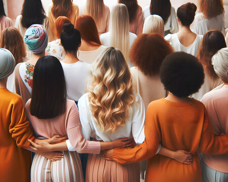 Back view of many diverse women of different ages, nationalities and religions come together. Women's empowerment.