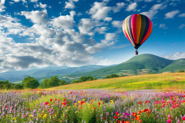 Elegant multi-color rural fields with flowers. Over field the huge air balloon flies 
