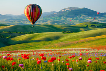 Elegant multi-color rural fields with flowers. Over field the huge air balloon flies 