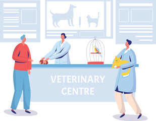 Man visits vet clinic, hands guinea pig to female veterinarian, parrot in cage, woman holds happy cat. Busy veterinary office scene, pet care, medical professionals, colorful interior, animal