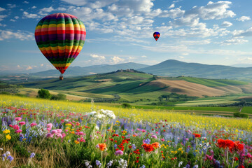 Fototapeta premium Elegant multi-color rural fields with flowers. Over field the huge air balloon flies.