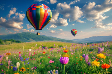 Elegant multi-color rural fields with flowers. Over field the huge air balloon flies.