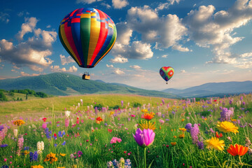 Naklejka premium Elegant multi-color rural fields with flowers. Over field the huge air balloon flies.