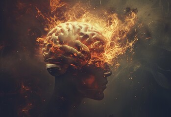 Exploding Mind: A dynamic image of a brain igniting with ideas and creativity, surrounded by fiery sparks and debris