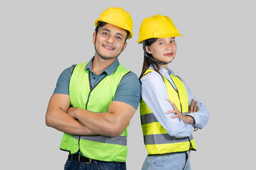 Asian Couple Engineer and Architect giving gestures and expressions on construction field