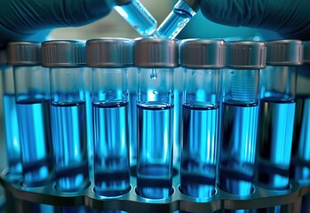 Scientist dispensing blue liquid into test tubes, laboratory research and analysis