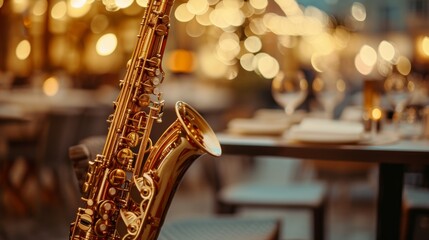 A saxophone leans on a chair with a blurry restaurant background. - obrazy, fototapety, plakaty