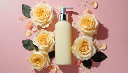 View from above of an unlabeled bottle of shower gel, shampoo, and cosmetics with fresh roses standing out on a pink background. Mockup for advertising. 