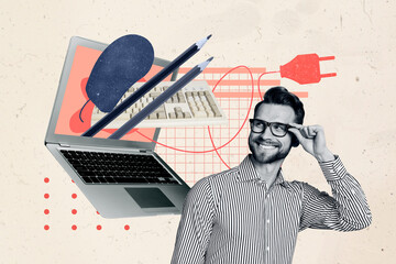 Photo collage poster young employee man satisfied looking laptop screen two pencils keyboard remote work freelance drawing background - Powered by Adobe