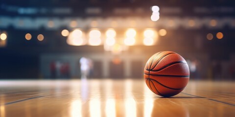 Ball On Basketball Indoor Court, Sports Game Equipment, Illuminated Bokeh Lights in the Background. Generative AI