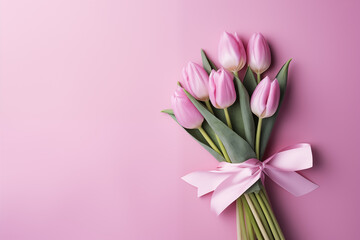 Bouquet of lilac tulips with pink ribbon, isolated on pink background with copyspace. Valentine's day, mother's day and international women's day concept.