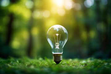 Light bulb on forest background, sustainability, renewable green energy and idea concept.