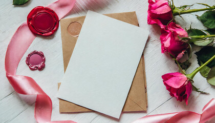 Card and envelope near pink decorations, seals and silk ribbons on white table top view, wedding mockup4 - Copy.jpg