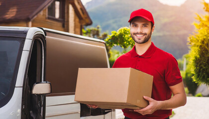 Delivery courier service. Delivery man in red cap and uniform holding a cardboard box near a van truck delivering to customer home. Smiling man postal delivery man delivering a package