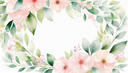 Fototapeta premium Frame made of light pink watercolor flowers and green leaves, wedding isolated illustration