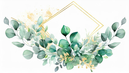 Frame and bouquet with green and golden watercolor eucalyptus leaves, wedding illustration4 - Copy.jpg