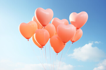 A lot peach-colored hearts balloons against a clear blue sky