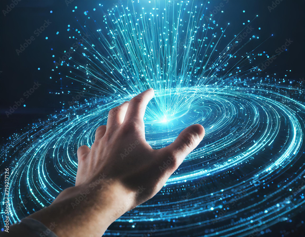 Wall mural hand reaching inside spinning vortex of light particles in big data and artificial intelligence conc
