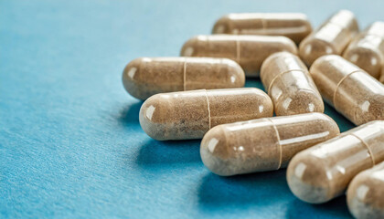 Vegetarian multivitamin capsules on a blue background. Food supplement, multivitamins, medicines, dietary fiber close up