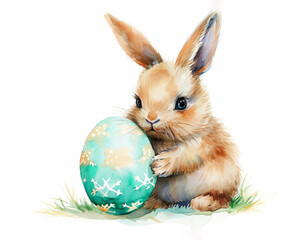 Cute watercolor bunny with a decorated Easter egg in his paws isolated on a white background. AI generative