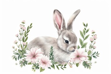 Cute watercolor bunny with a round frame from spring flowers isolated on a white background. AI generative - obrazy, fototapety, plakaty