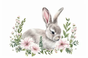 Fotobehang Cute watercolor bunny with a round frame from spring flowers isolated on a white background. AI generative © tiena