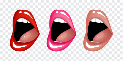Beautiful sexy plump glossy female lips, open mouth in red, pink and beige nude colors. Set of isolated vector illustrations on transparent background