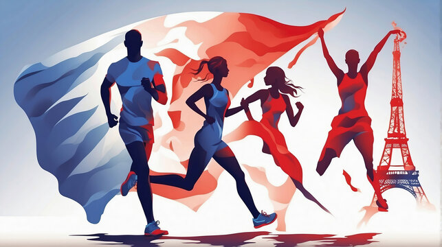 Paris Olympics games in France 2024 ceremony, athletes running sports Eiffel tower artwork painting