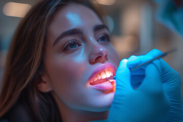 A male dentist treats a woman's teeth.