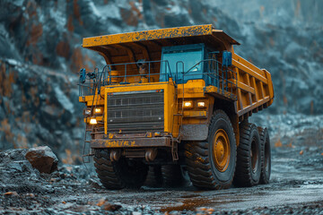 A large yellow quarry truck transports cargo from the quarry.