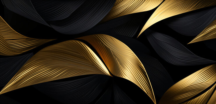 gold leaves on black background, in the style of graphic lines, enigmatic tropics