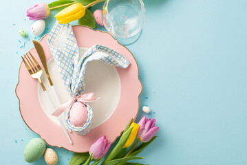 Easter Delight Spread: Top view photo capturing festive atmosphere with a plate, bunny ear napkin,...